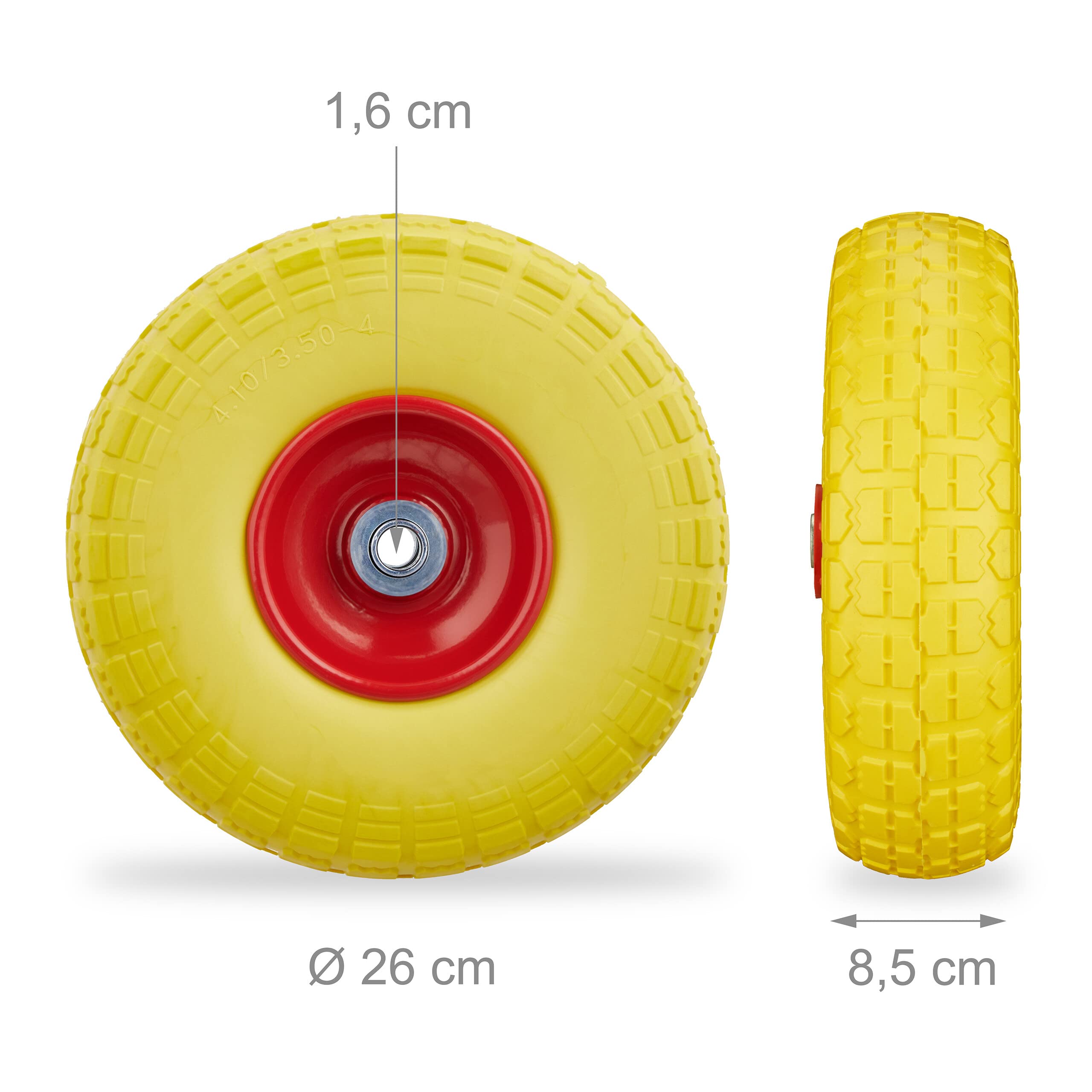 4x Ruote per Carrello, Pneumatici in Gomma Antipanne, 4.1/3.5-4", Asse 16mm, fino a 150 kg, 260x85mm, Giallo Rosso