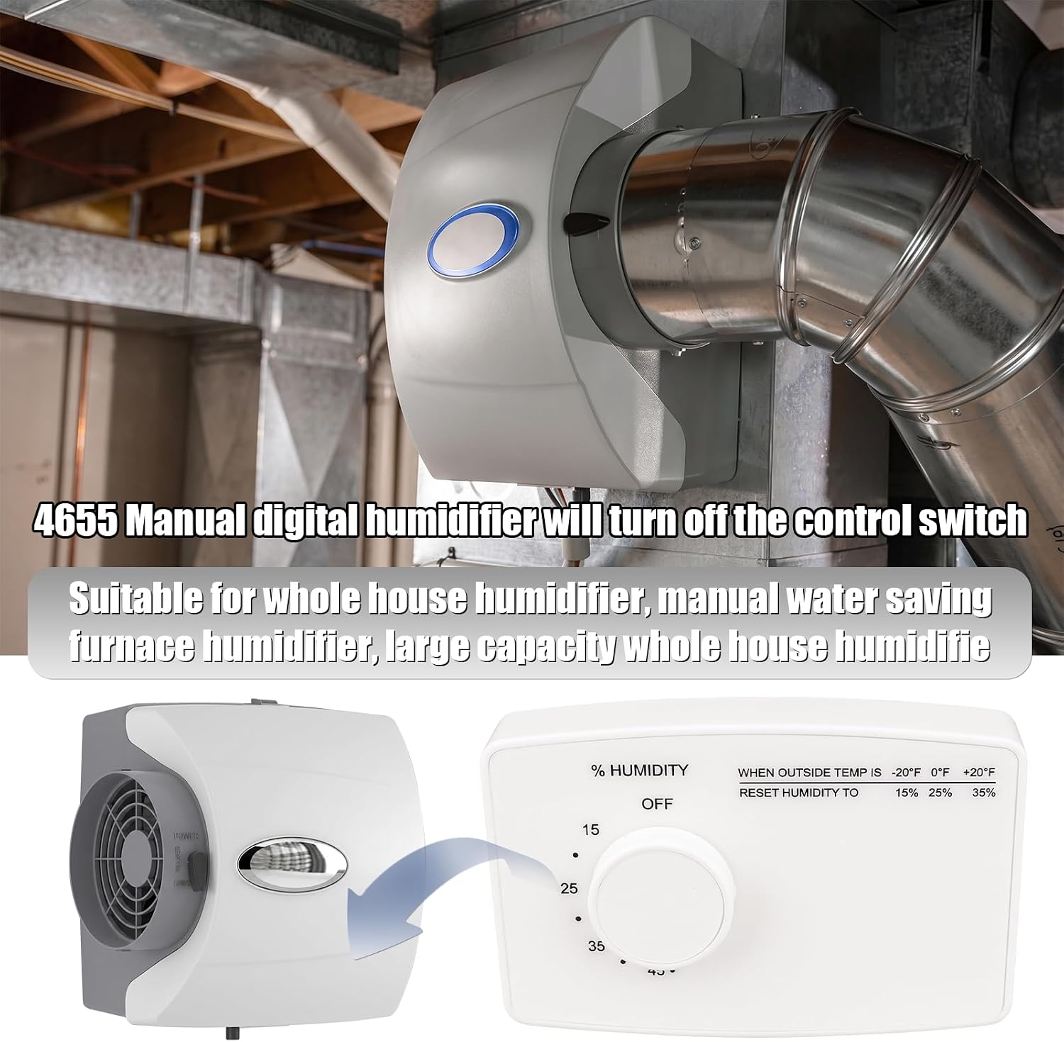 4655 24 VAC Control Switch Replacement for Manual Humidistat Humidifier Manual Water Saver Furnace Humidifier (White)