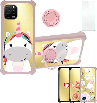 Case for Huawei Nova Y61 Case Compatible with Huawei Nova Y61 Phone Case Cover [with Tempered Glass Screen Protector][PC + TPU 2 in 1][Ring Support] [Golden Reflect Light] DJF-DJS