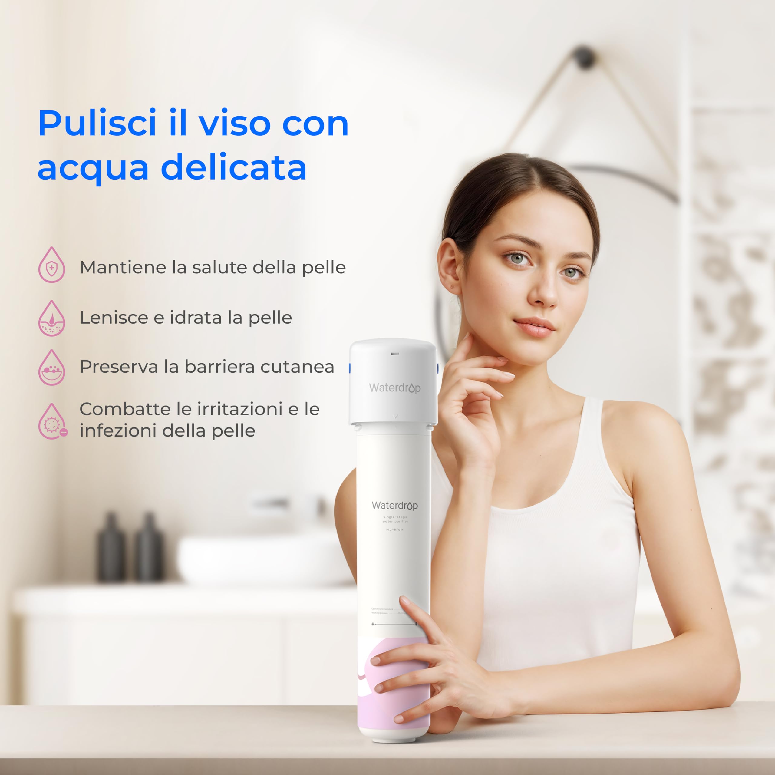 Waterdrop Filtro Acqua Sistema per la Cura del Viso, Acqua Dolce, TDS Inferiore, Arricchito di Stronzio, Riduce il 99,9% di Baçtăria nel Rubinetto del Lavandino del Bagno, WD-BFU1