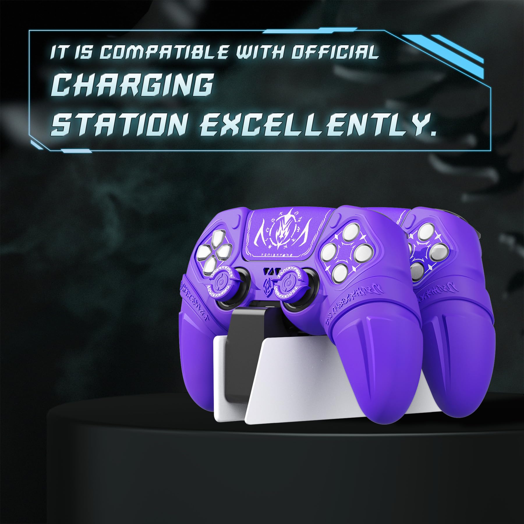 playvital Cover Skin per ps5 Controller,Custodia Protettiva Silicone Antiscivolo per ps5 Joystick&Copri Levette Analogiche&Adesivo Touchpad(Runes)-Compatibile con Base di Ricarica-Viola