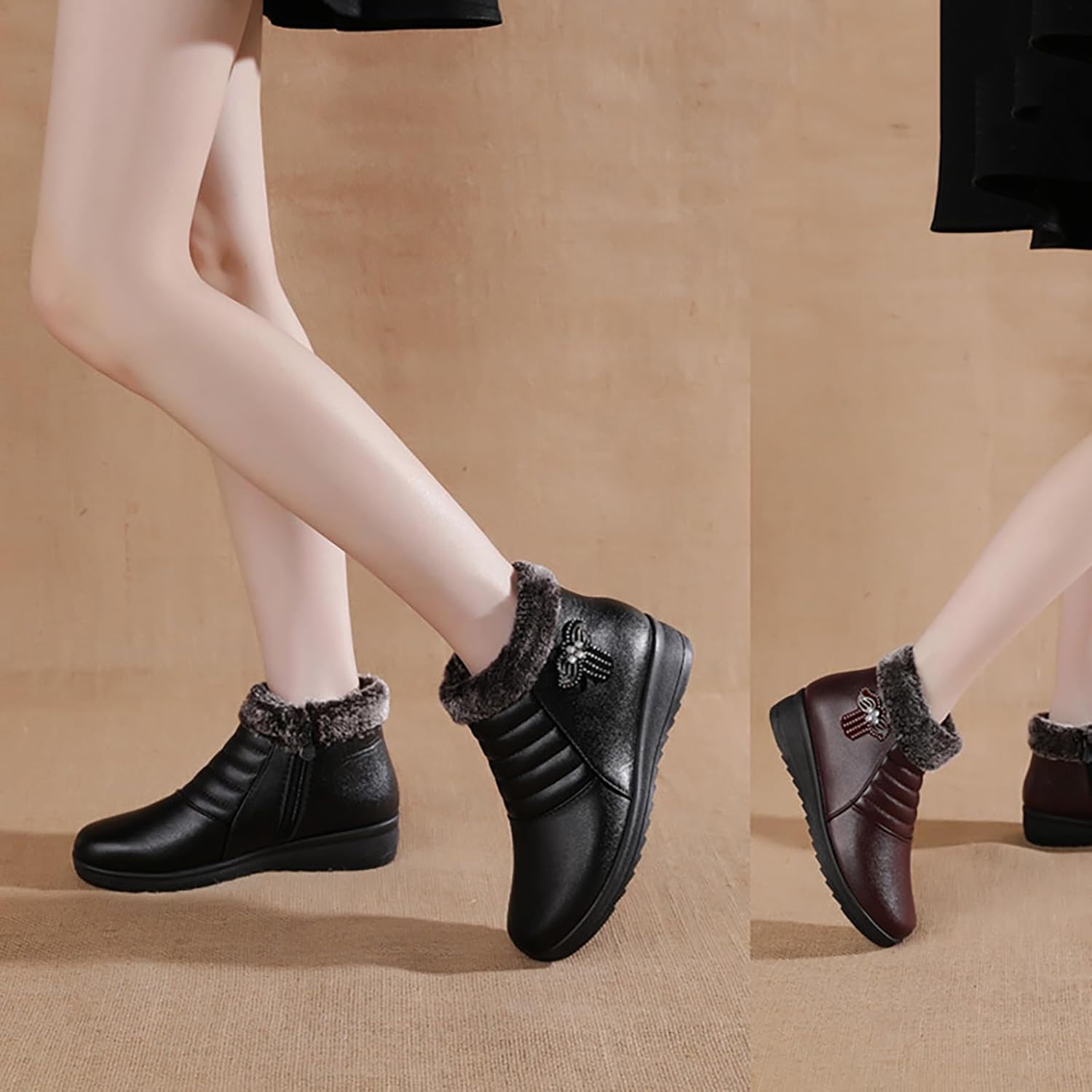 Women Winter Fur Lined Warm Snow Boots With Side Zipper Comfortable Lightweight Soft Sole Non-Slip Mama Short Shoes Outdoor Walking Camping Booties