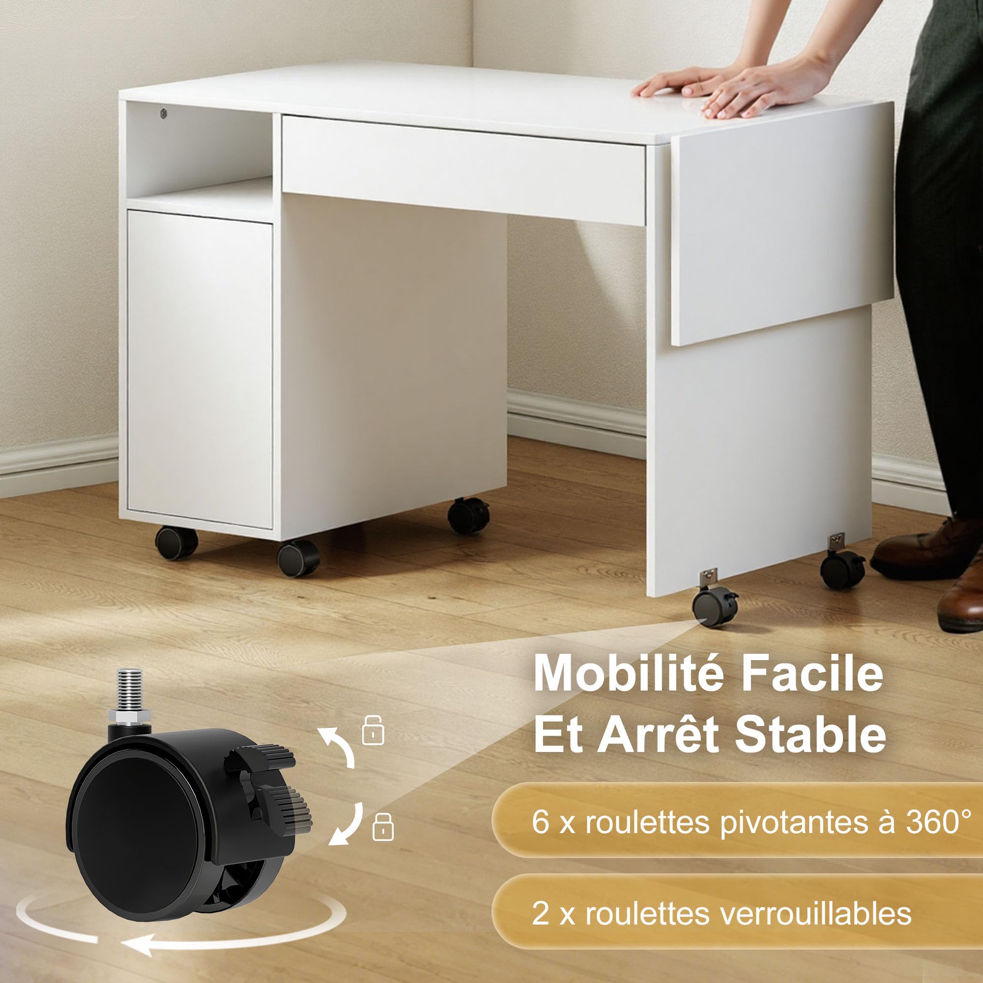 HOMCOM Escritorio Ordenador Plegable móvil sobre Ruedas 130x58cm Blanco | Escritorio con almacenamiento, cajón, estación de trabajo para espacios pequeños, dormitorio, sala de estar