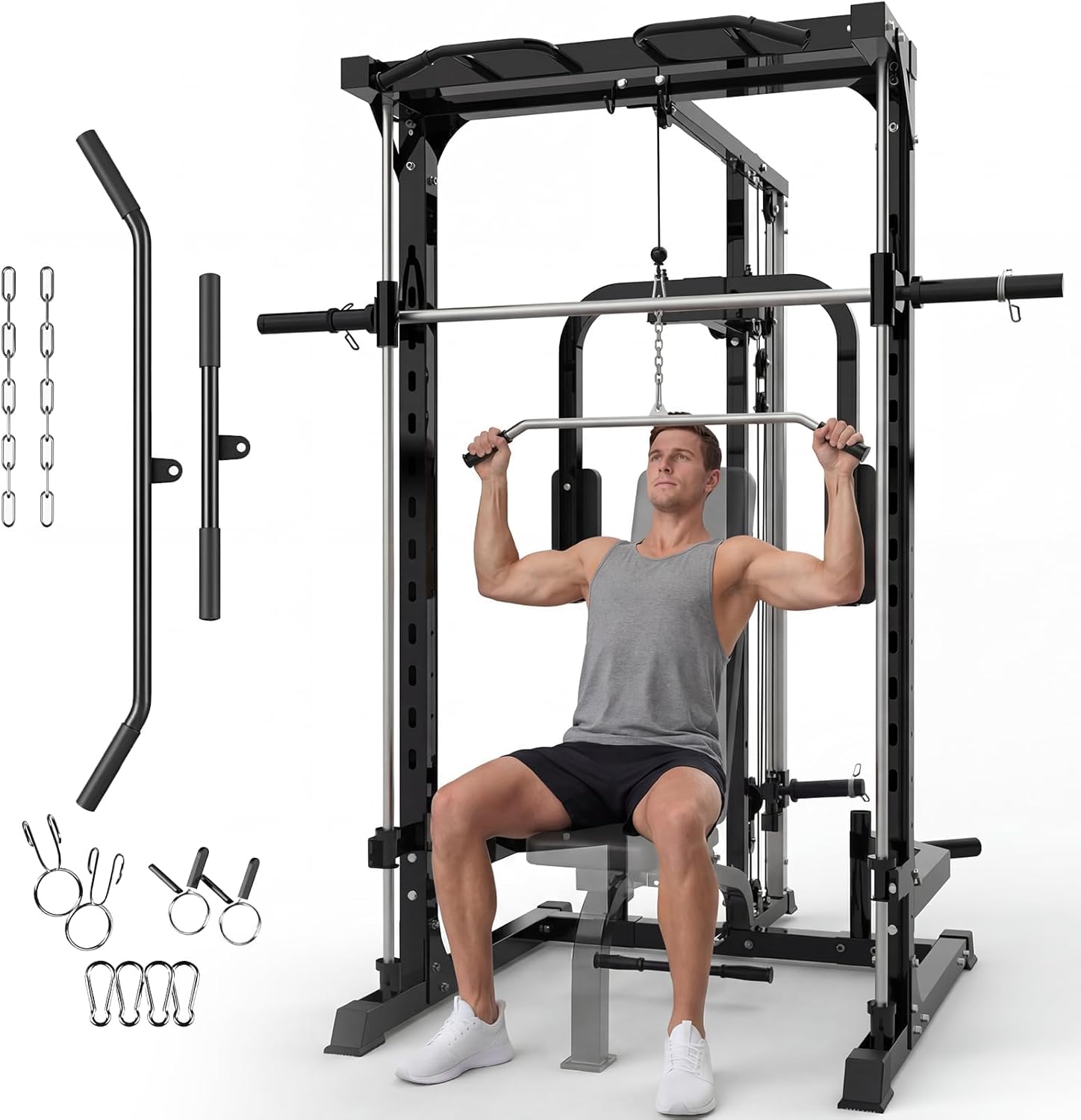Multi-Functional Smith Machine Power Cage Squat Rack – Heavy Duty Home Gym Equipment – Includes LAT Pulldown, Low Row, Pull-Ups & Bench Press