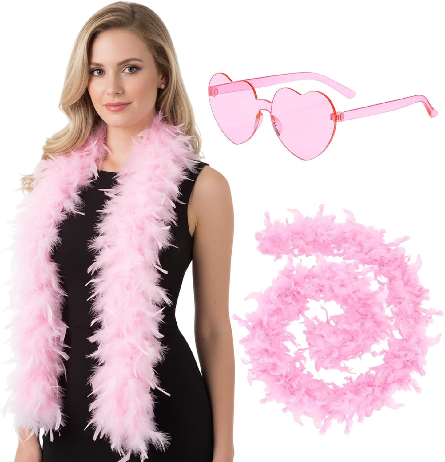 Pink Feather Boa, 2m Long Soft Feather Scarf with Matching Glasses, for Women's Party, Stage Performance, Photo Shoot, Halloween, Mardi Gras, Christmas and New Year's Eve Celebrations
