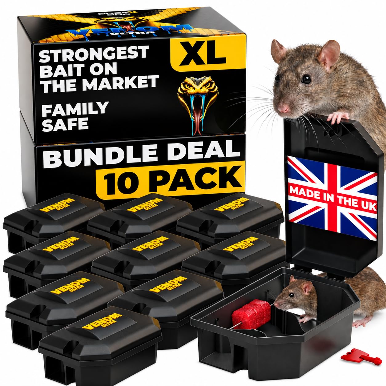Pest-X Pro Venom Ultra Pre-Baited Large Rat Bait Station, 10 Pack