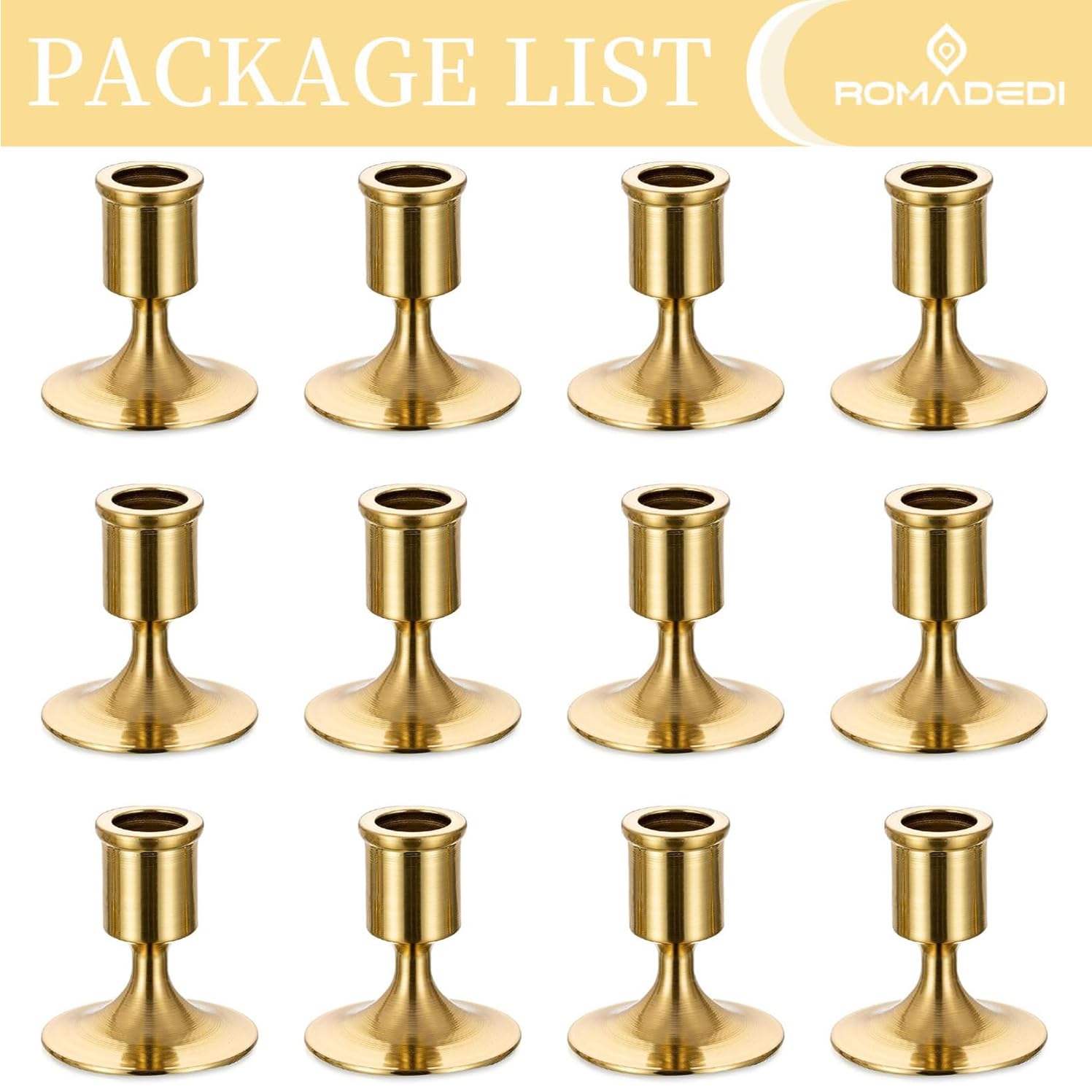 Lot de 12 bougeoirs dorés pour chandeliers en laiton doré Romadedi pour centre de table, réception de mariage, décoration de cheminée de Noël ou décoration d'intérieur