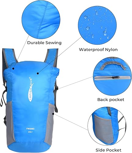 Miniatura 3 de Mochila ultraligera resistente al agua, mochila de senderismo plegable de 15L, mochila pequeña con cierre superior enrollable, Azul, Exteriores