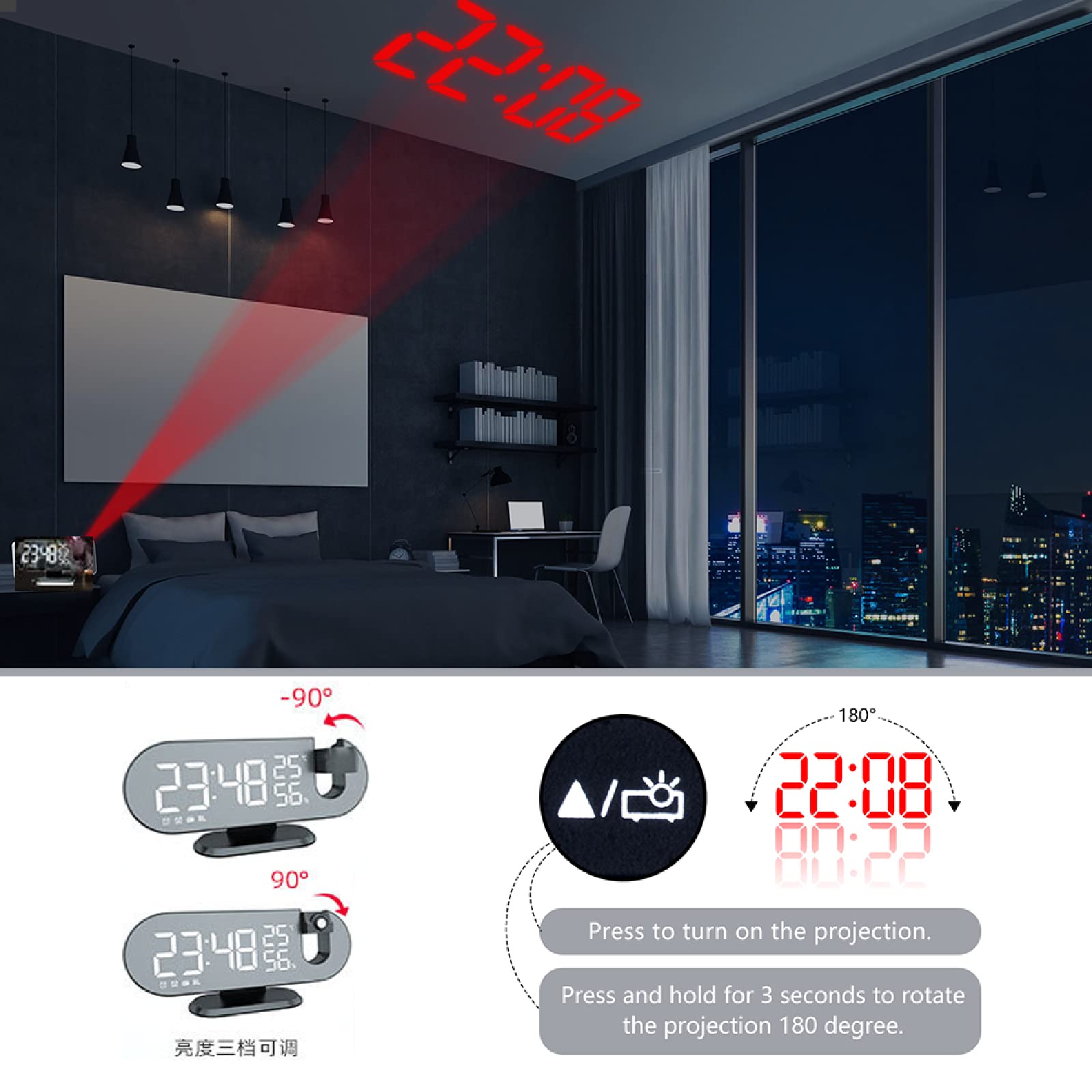 Reloj Despertador Inteligente Digital LED, Radio FM, Proyector De Tiempo De 180 °, Función De Repetición, Reloj Despertador, Reloj Electrónico De Despertador USB De Escritorio,Blanco