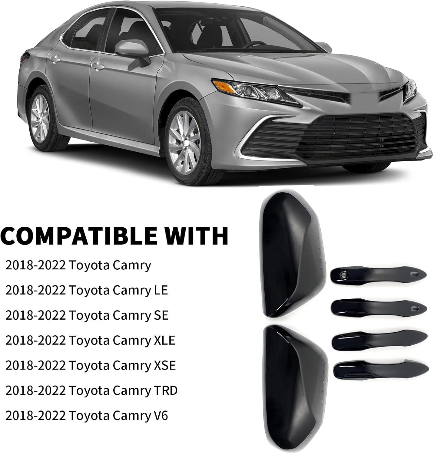 Side Door Mirror Cap Cover Trim + 4 Door Handle Cover Trims Smart Compatible with 2018 2019 2021 2022 2023 2024 2025 Toyota Camry Accessories Rearview Mirrors Caps Cover Overlay Glossy Black