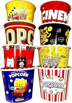 Modern Style Reusable Plastic Popcorn Box/Popcorn Containers/Popcorn Bowls Set for Movie Theater Night - BPA Free - 8 Pack - 75 oz Mix 8-R