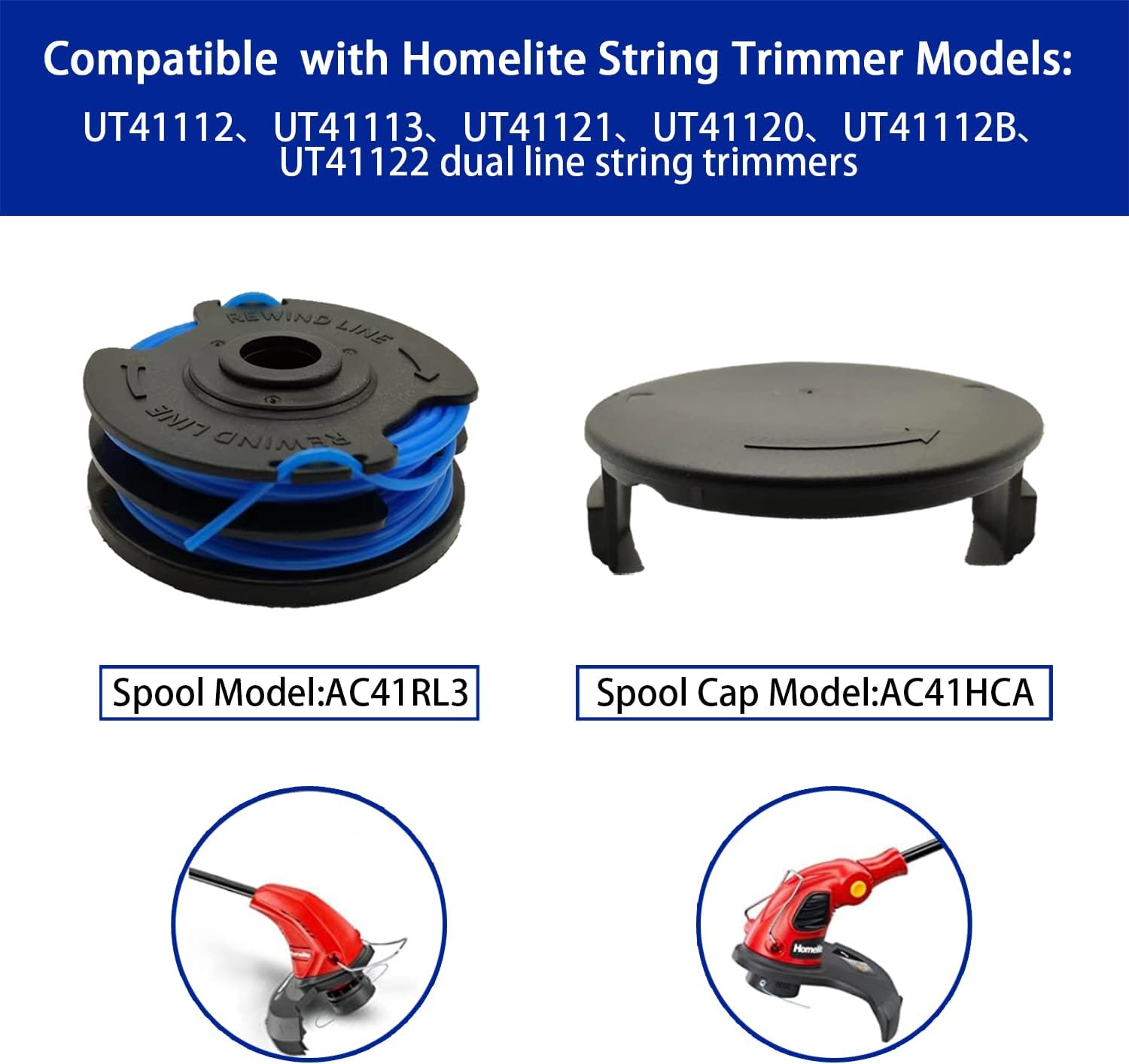 AC41RL3 Autofeed Dual Replacement Line Spool Compatible with Homelite Models: UT41112、UT41113、UT41121、UT41120、UT41112B、UT41122 0.065" 27ft Electric String Trimmers -（6 Spool+1Cap）