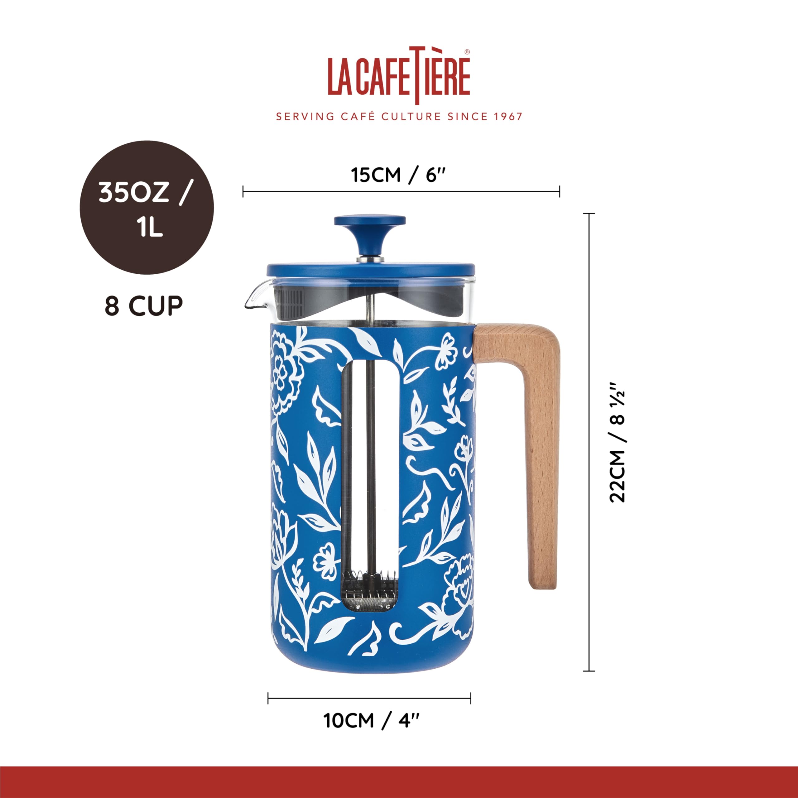 La Cafetière Pisa - Cafetera grande de prensa francesa de 8 tazas con diseño floral, cerámica resistente al calor de 1 L con émbolo de fácil agarre, ideal para té suelto y café molido, Blu Fiorato