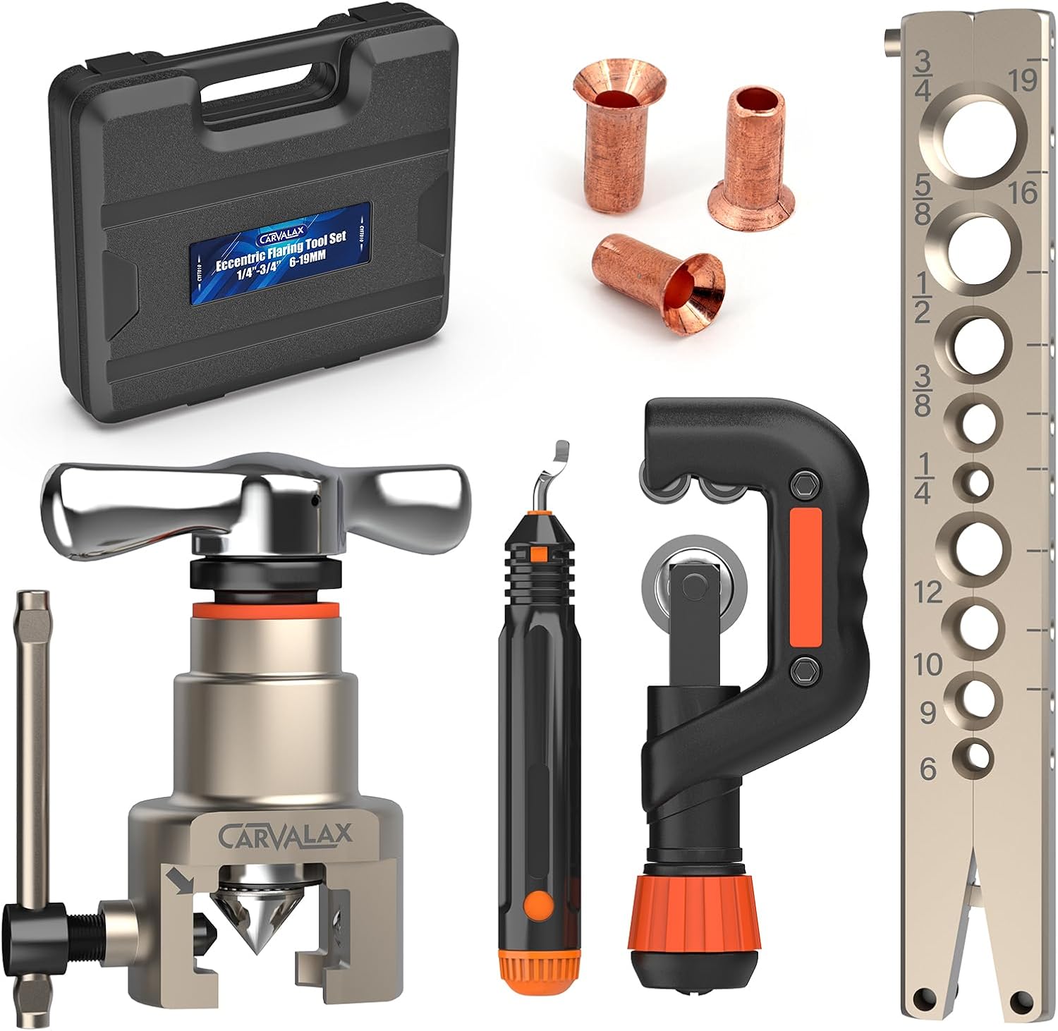 Eccentric Flaring Tool Kit, 45° Precision Flaring, Metric/Imperial Clamp for 6-19mm & 1/4"-3/4" Pipes, Includes Cutter, Deburring Tool & Hard Case for HVAC & Refrigeration Repair