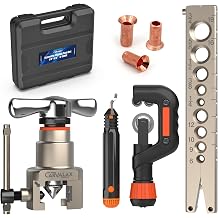 CARVALAX Eccentric Flaring Tool Kit, 45  Precision Flare, Metric/Imperial Clamps for 6-19mm & 1/4"-3/4" Pipes, Cutter, Deburring Tool & Hard Case for HVAC & Freezer Repair
