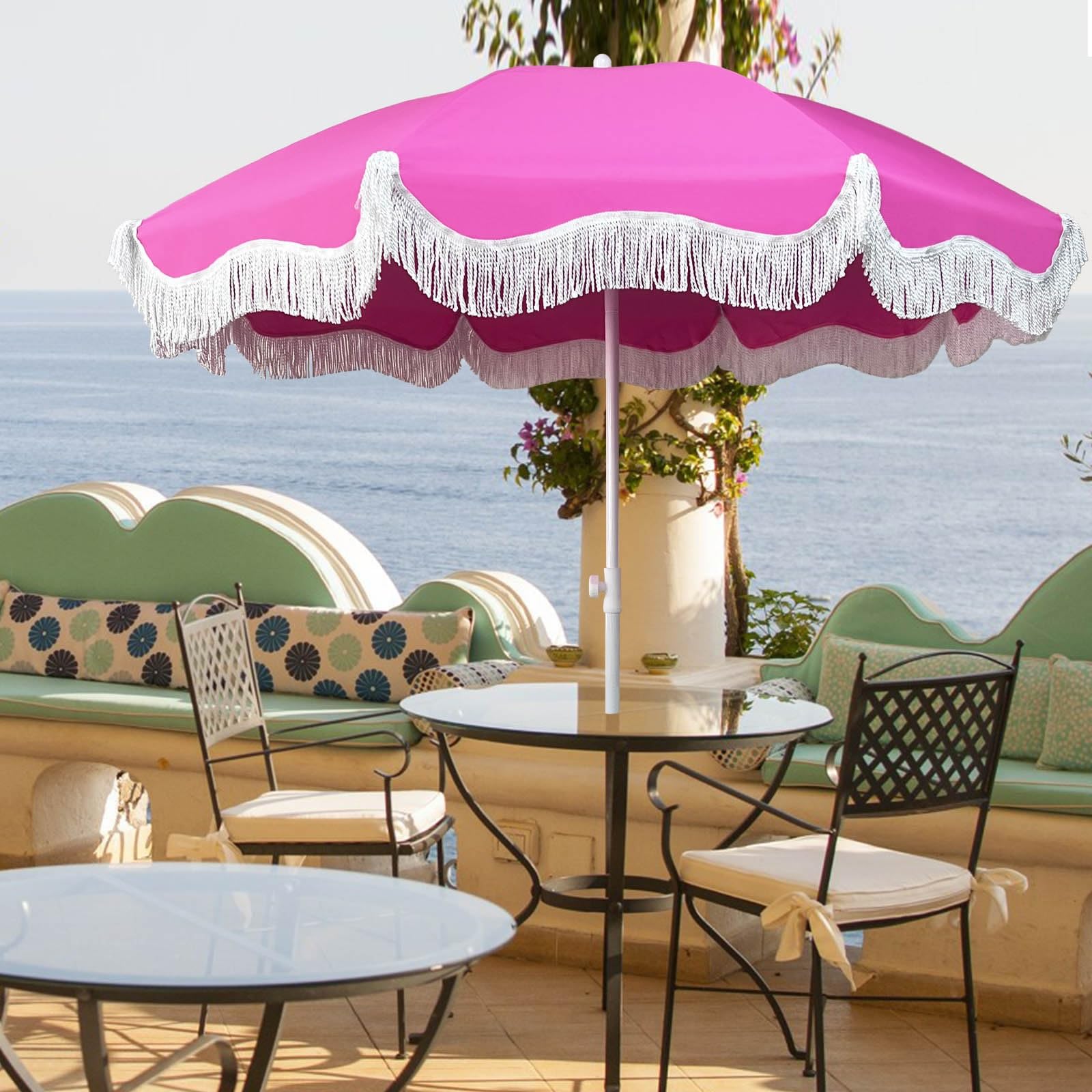 Pink Boho Outdoor Umbrella With Tassels 6.5ft Outdoor Market Umbrella With Tilt Garden Umbrella With 8 Ribs & metal Pole Heavy Duty Wind Portable Patio Umbrella For Outside Beach Umbrellas