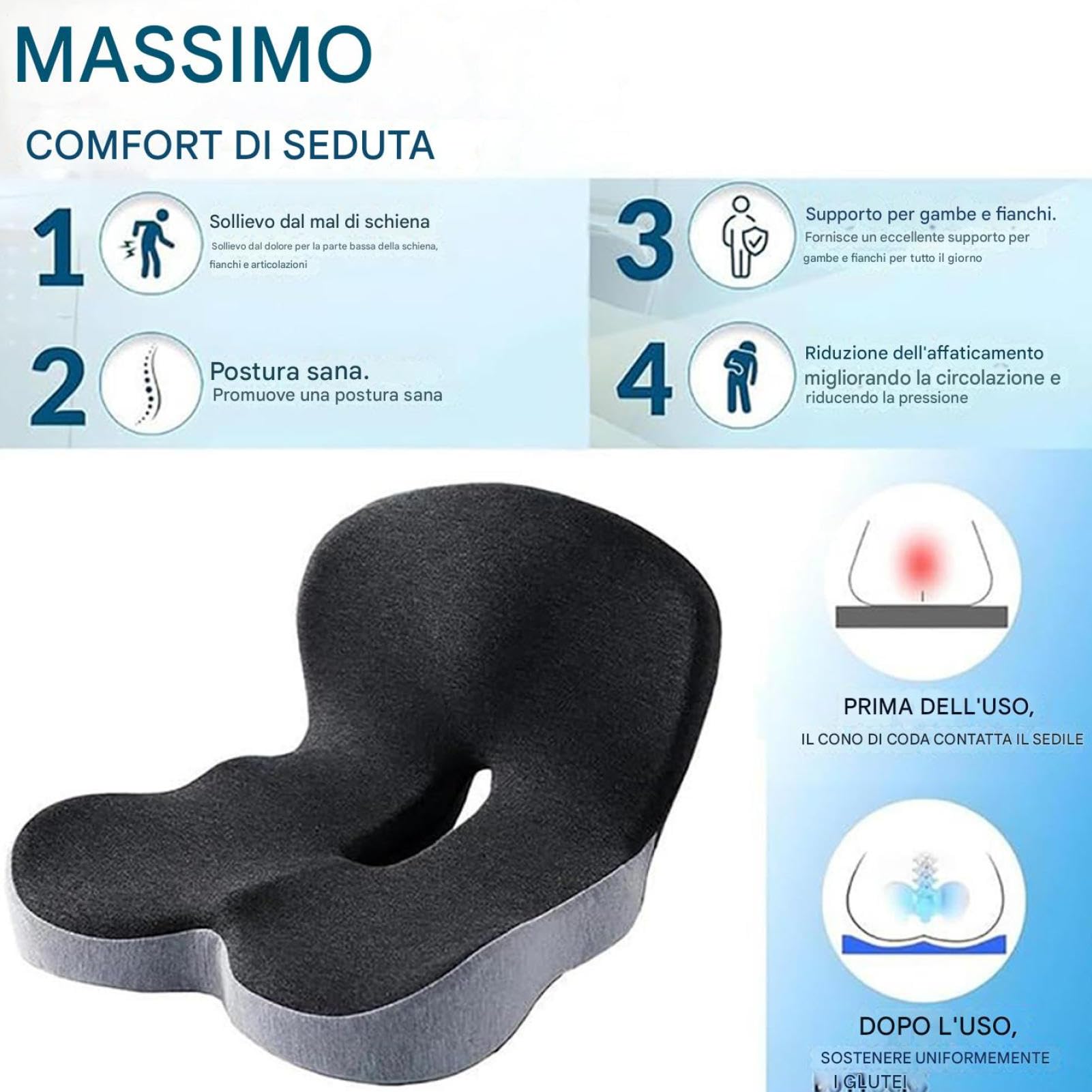 Cojín Para Silla Cojín Integrado en Forma de L con Espuma Viscoelástica | Protección Ergonómica para el Coxis y Espalda Baja para en Casa Camión Silla de Ruedas Teatro y Viajes