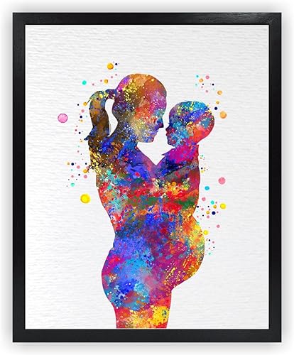 Dignovel Studios Póster de impresión artística de acuarela de 8 x 10 sin marco, mamá embarazada e hijo pequeño, familia, maternidad, acuarela, arte