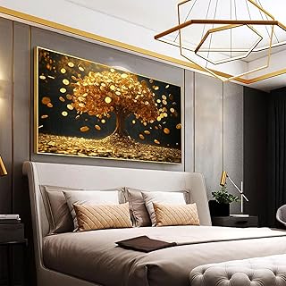 Gold Tree Canvas Wall Art, Golden Money Tree Canvas Print, Surreal Wealth Symbol Poster, Gold Coin Wall Art, Prosperity And Abundance Wall Art, Framed Artwork For Walls, Home Office Wall Art (Gold Framed, 23"x13"|60x35cm)