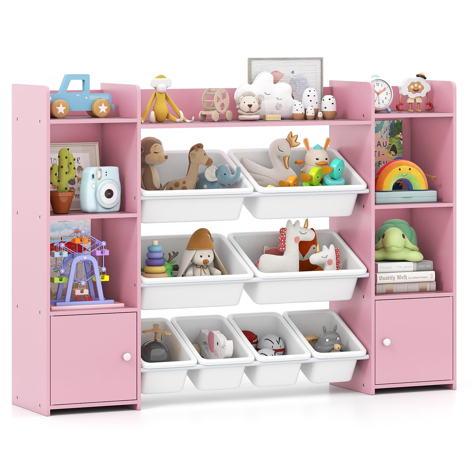 GOPLUS Mueble Almacenaje Juguetes, Estantería Infantil de 4 Niveles con 6 Compartimentos y 8 Cajas Extraíbles, Organizador Juguetes para Salón, Dormitorio 142 x 30 x 100 cm(Blanco) (Rosa)