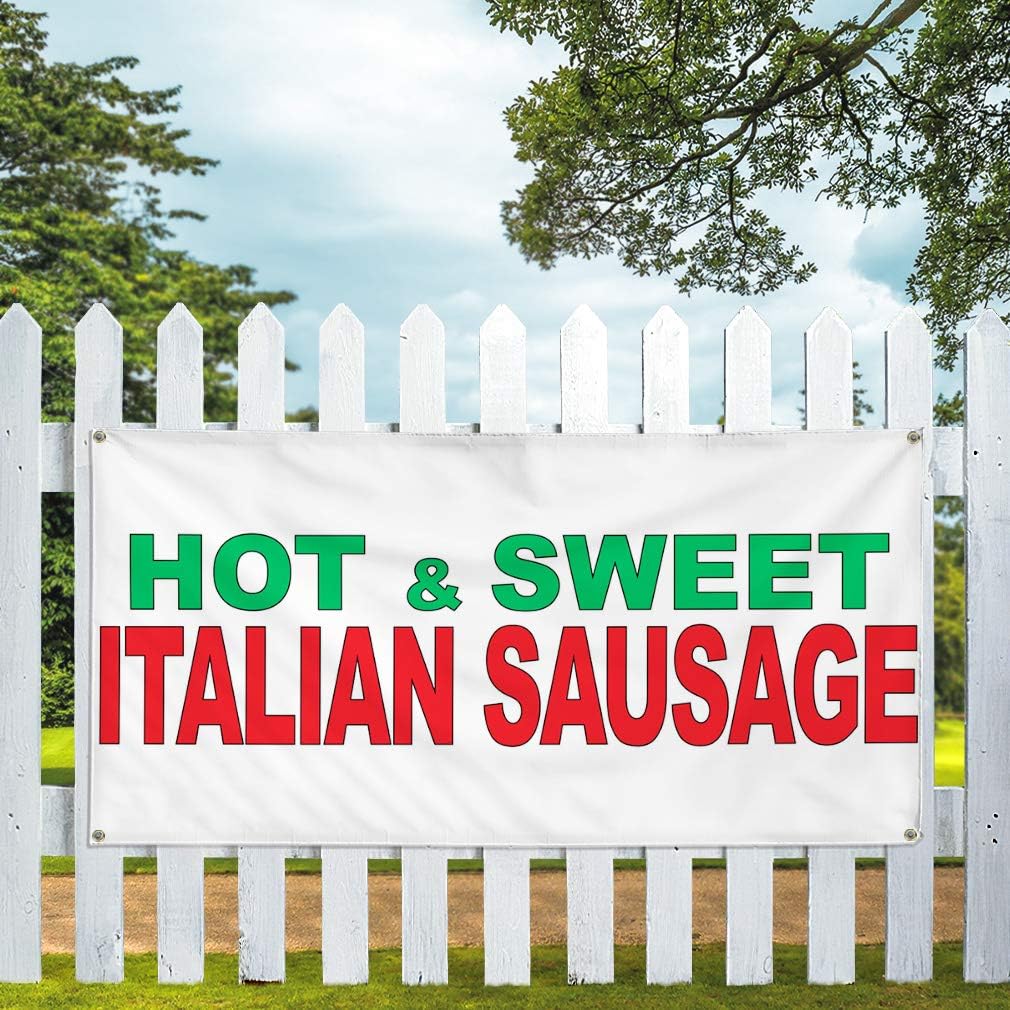 Vinyl Banner Multiple Sizes Hot & Sweet Italian Sausage Green Red Food Bar Restaurant Food & Beverage Italian Cuisine Outdoor Weatherproof Industrial Yard Signs 4 Grommets 16x40Inches
