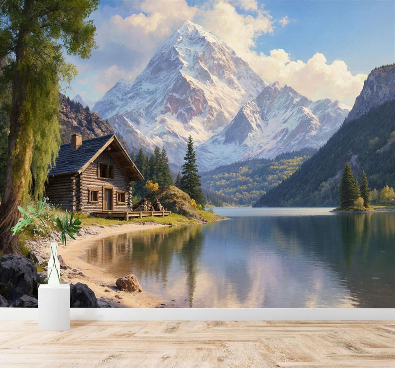 XLMING Lakes Cottages Forests Snow Capped Mountains Natural Landscapes 3D Wallpaper Silky Texture Home Study Office Grey Dining Room Sofa Bedroom Living Room TV Backdrop-250cm×170cm