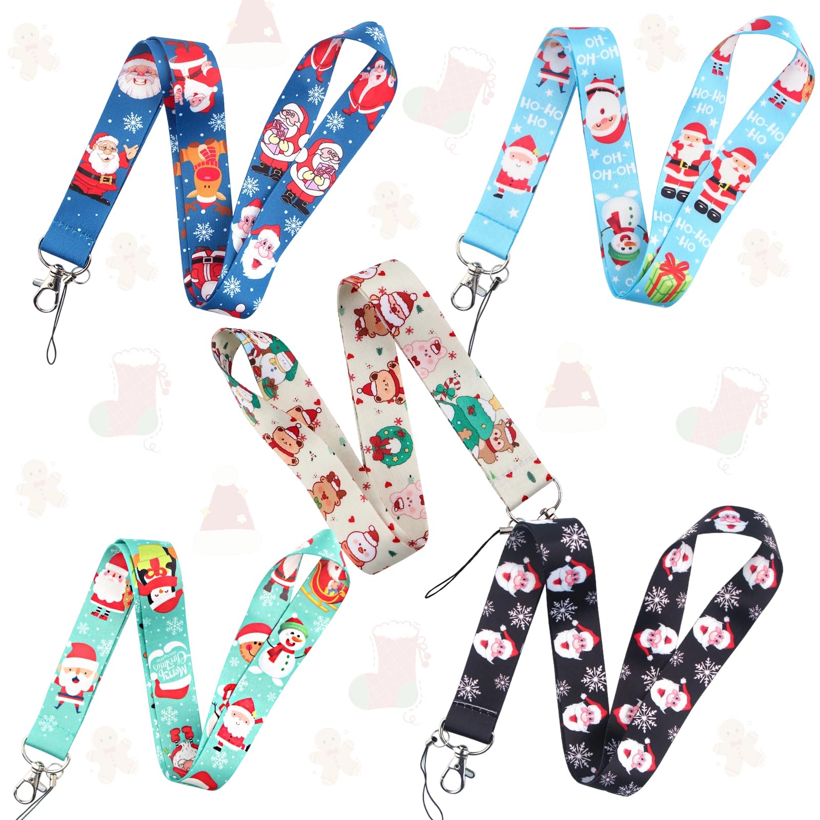 Rayakt 5PCS Christmas Badge Lanyards - 1 x 17.7 inch Festive Holiday Keychain & Wrist Lanyards with Santa Snowman, Phone String Strap Christmas Card Lanyards for Work Badges Bus Cards Id Cards Cameras