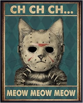 YELLOWBIRD ART & DESIGN Cat Wall Art & Decor - Friday the 13th Wall Art - Halloween - Tabby cat - Jason Horror Movie - Funny Kitty Gifts for Men - Scary Kitten Poster - 8x10 UNFRAMED Print