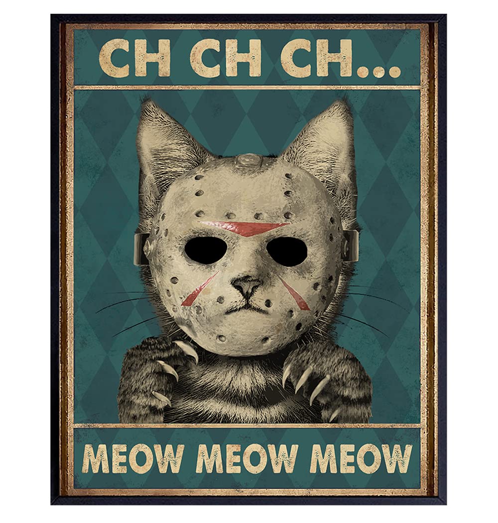 YELLOWBIRD ART & DESIGN Cat Wall Art & Decor - Friday the 13th Wall Art - Halloween - Tabby cat - Jason Horror Movie - Funny Kitty Gifts for Men - Scary Kitten Poster - 8x10 UNFRAMED Print