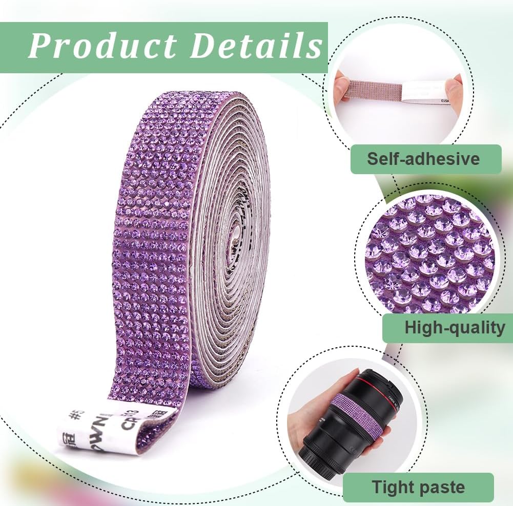 GORGECRAFT 3 Yards Rhinestone Ribbons 0.71"/18mm Wide Self Adhesive Crystal Diamond Bling Stickers Strips Glitter Decorative Gem Trim Roll Tape for Crafting Clothing Birthday Gift Decor DIY Purple
