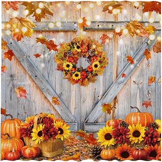 Funnytree 72"x72" Rustic Autumn Pumpkins Wood Barn Door Sunflowers Fall Thanksgiving Harvest Farmhouse Shower Curtain for Bathroom Decor Machine Washable (Hooks Not Included)