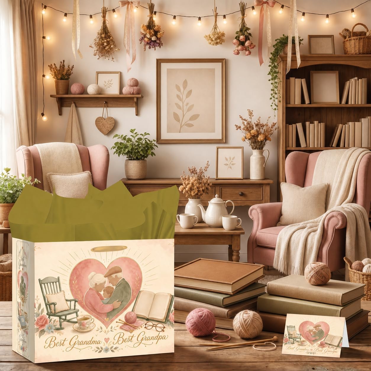 Hkshaoda Grandparents Gift Bag Best Grandma and Grandpa Wrapping Paper Bag with Tissue Paper and Greeting Card Large Floral Family Gifts for Nana Grandparents Day Birthday Anniversary Party Supplies image 2