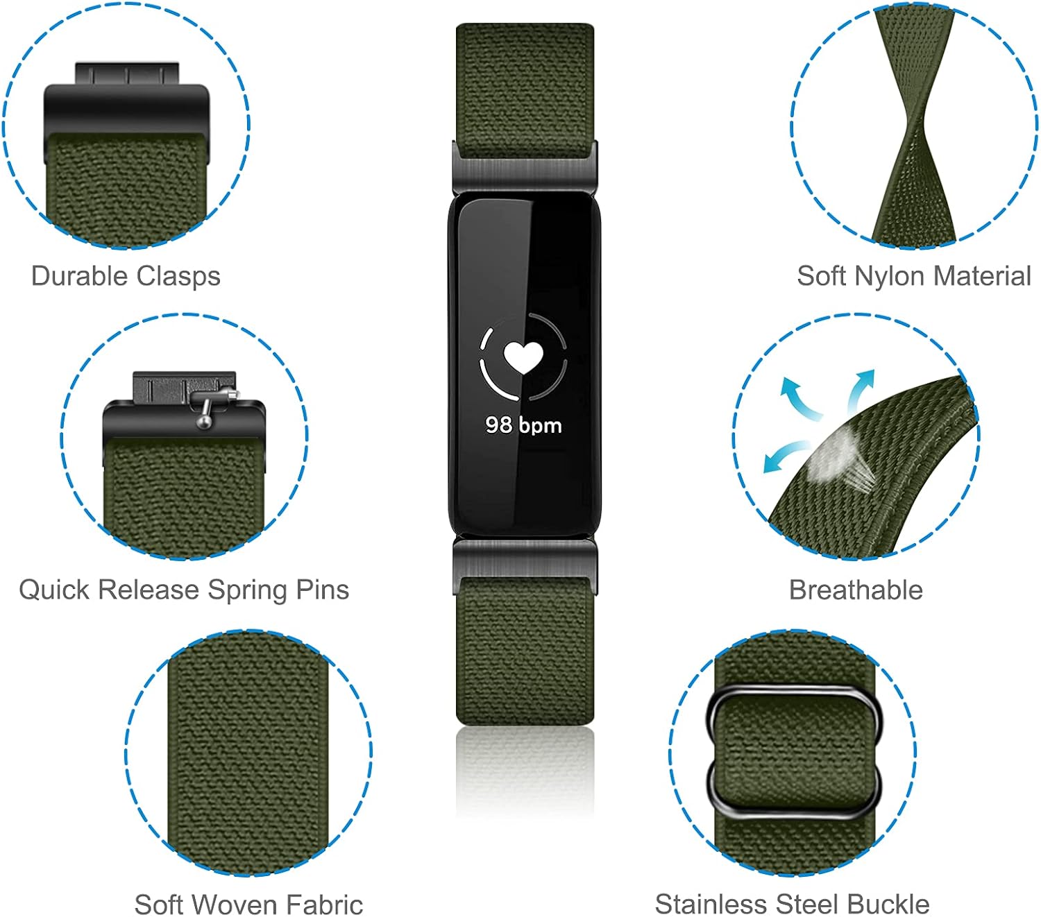 Fintie Elastic Bands Compatible with Fitbit Inspire 2 / Inspire HR/Inspire, Adjustable Stretchy Nylon Loop Band Breathable Replacement Strap Accessory Wristband, Olive : Electronics