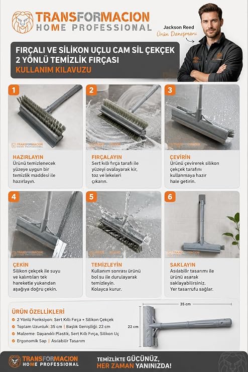 Transformacion Fırçalı ve Silikon Uçlu Cam Sil Çekçek 2 Yönlü Temizlik Fırçası – 35x22 cm | Süpürme ve Sıyırma Fonksiyonlu | Ergonomik Saplı 423698a
