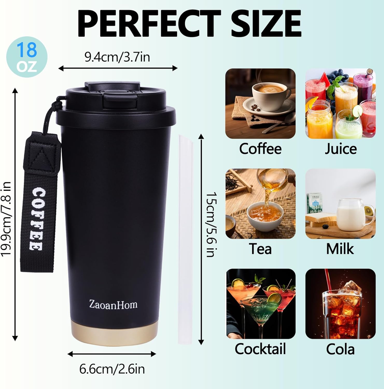 Insulated Coffee Mug with Ceramic Coating, 18 oz Ceramic Lined Travel Coffee Mug with Leakproof Lid, Double Wall Stainless Steel Hot & Cold Drinking Cup for Office Camping Travel, Black - Image 3
