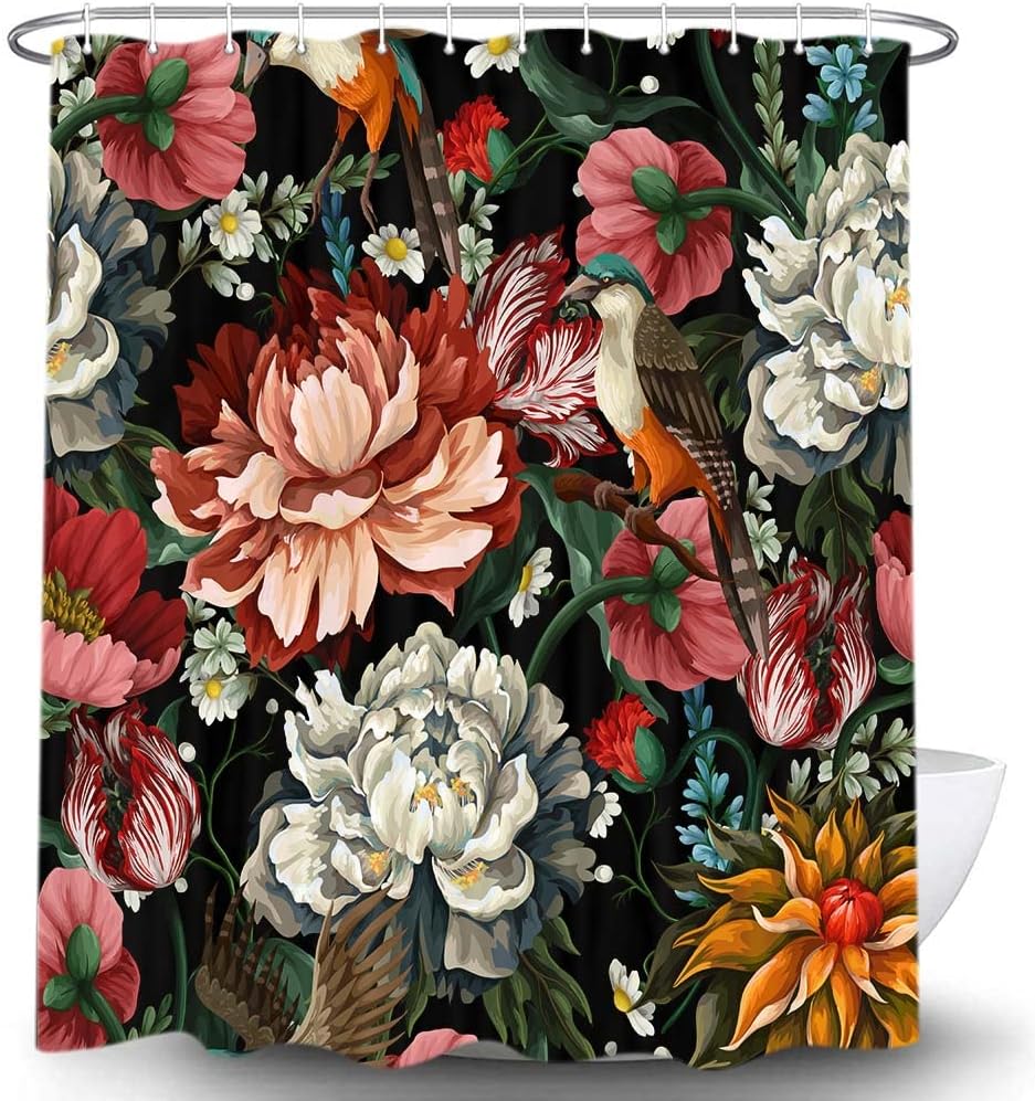 Torich Black Boho Floral Shower Curtain, Unique Colorful Bohemian Mandala Beautiful Dark Flower Leaves Bathroom Curtain, Mid Century Spring Bright Blossom Modern Aesthetic Accessories 69Wx78H Inch image 4