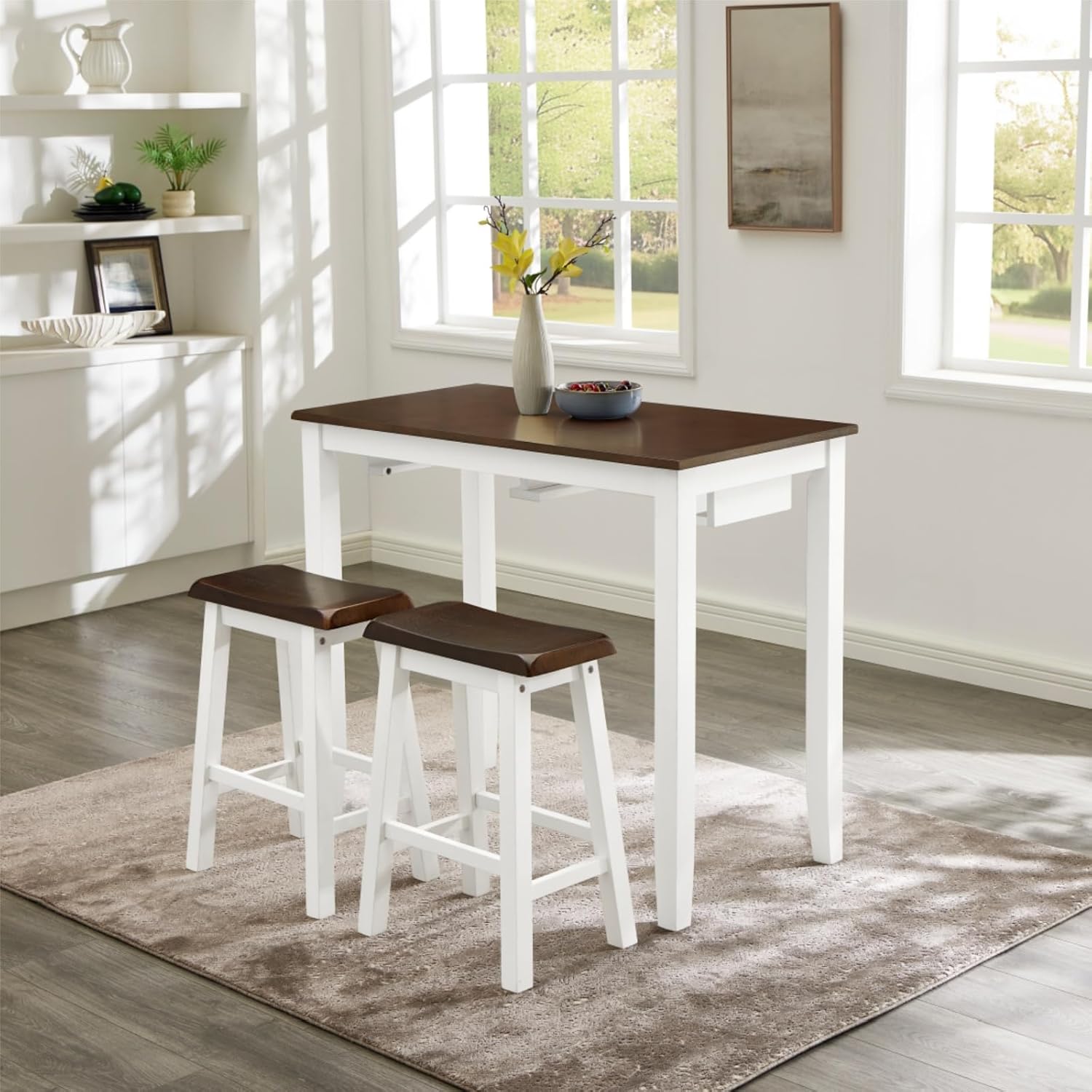 3 Piece Bar Table Set, Industrial Counter Height Table Set for 2, Bar Table with Stools Set of 2 for Living Room Dining Room Kitchen, Dark Coffee+White