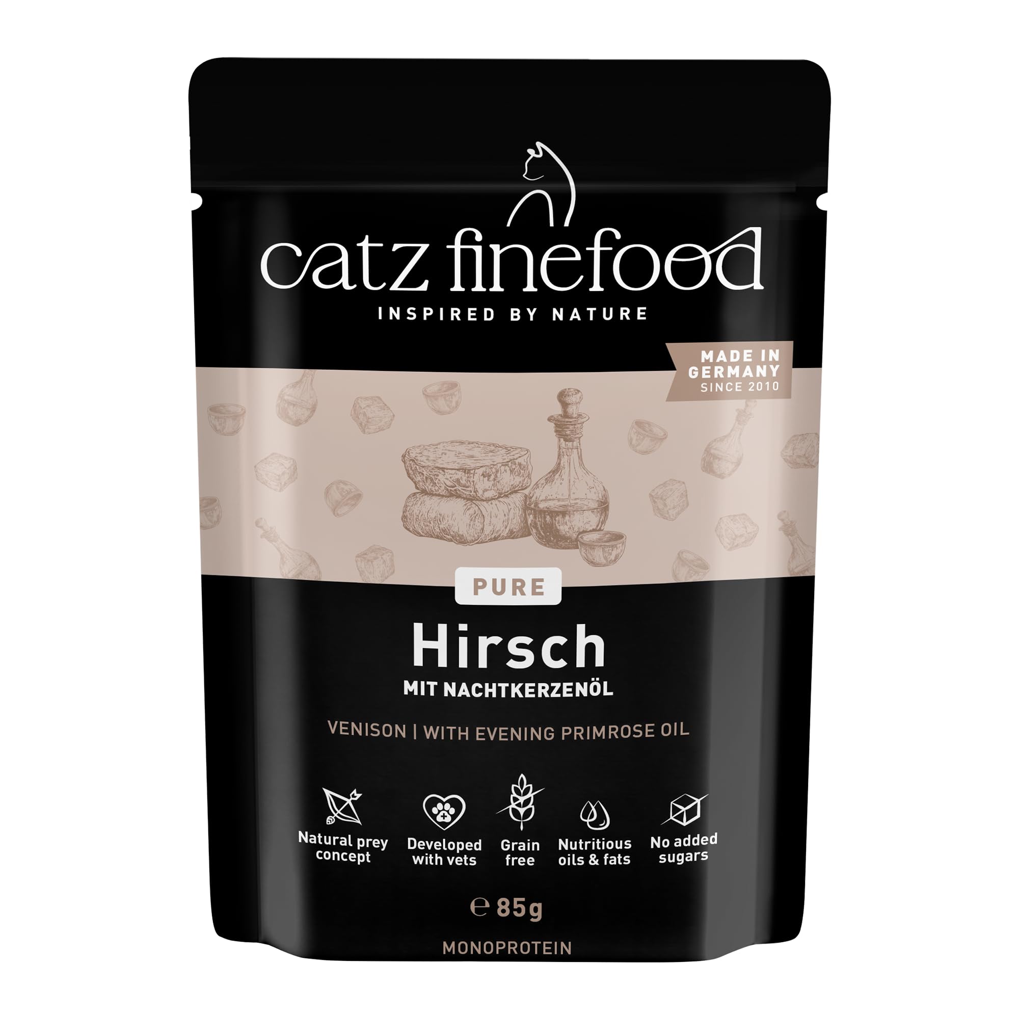 catz finefood Purrrr Hirsch Monoprotein Katzenfutter nass N° 121, für ernährungssensible Katzen, 70% Fleischanteil, 16 x 85g Beutel
