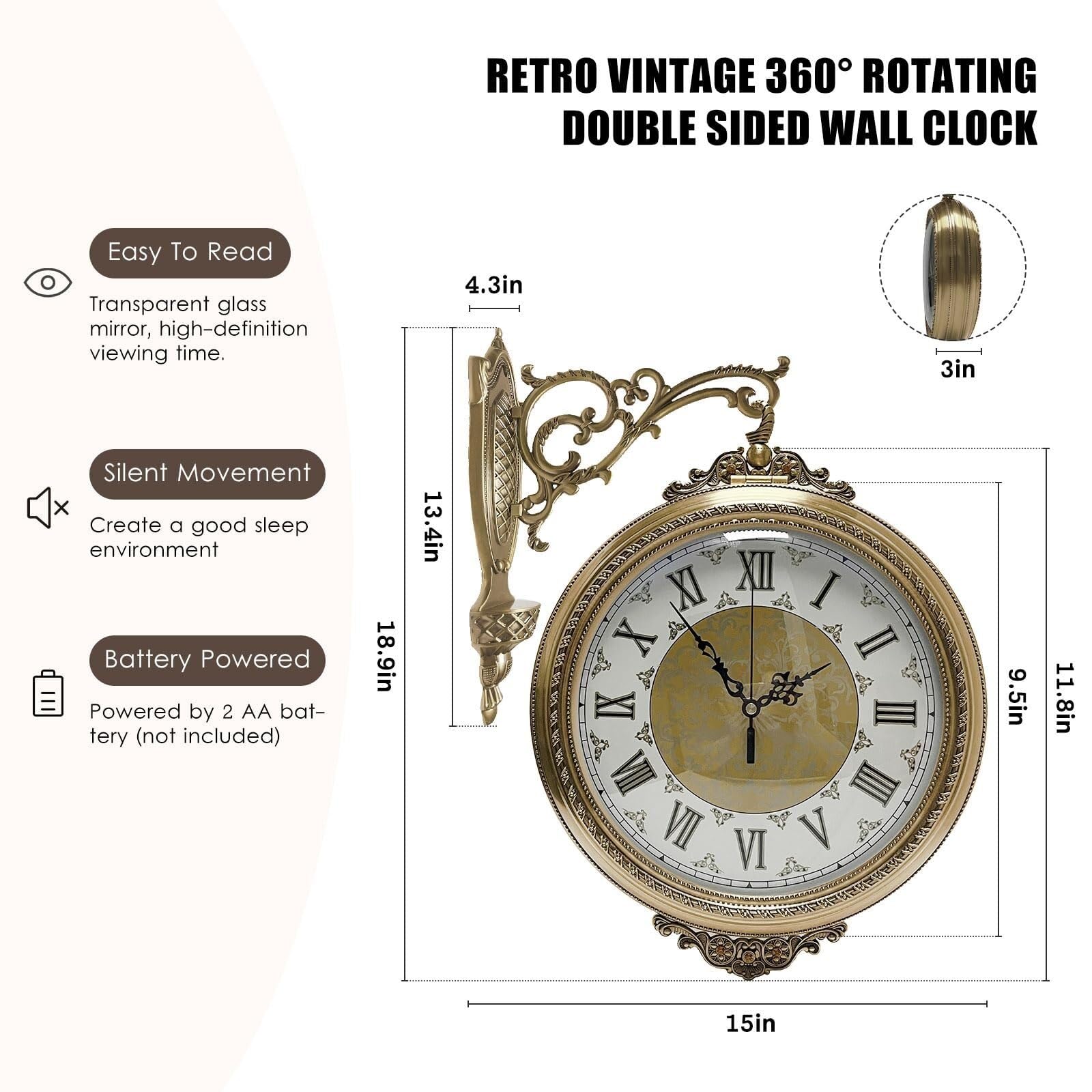FJJRTWDG Silent Retro Double-Sided Wall Clock, 360 Degree Rotating Metal Wall Clock for Kitchen Living Room Decoration