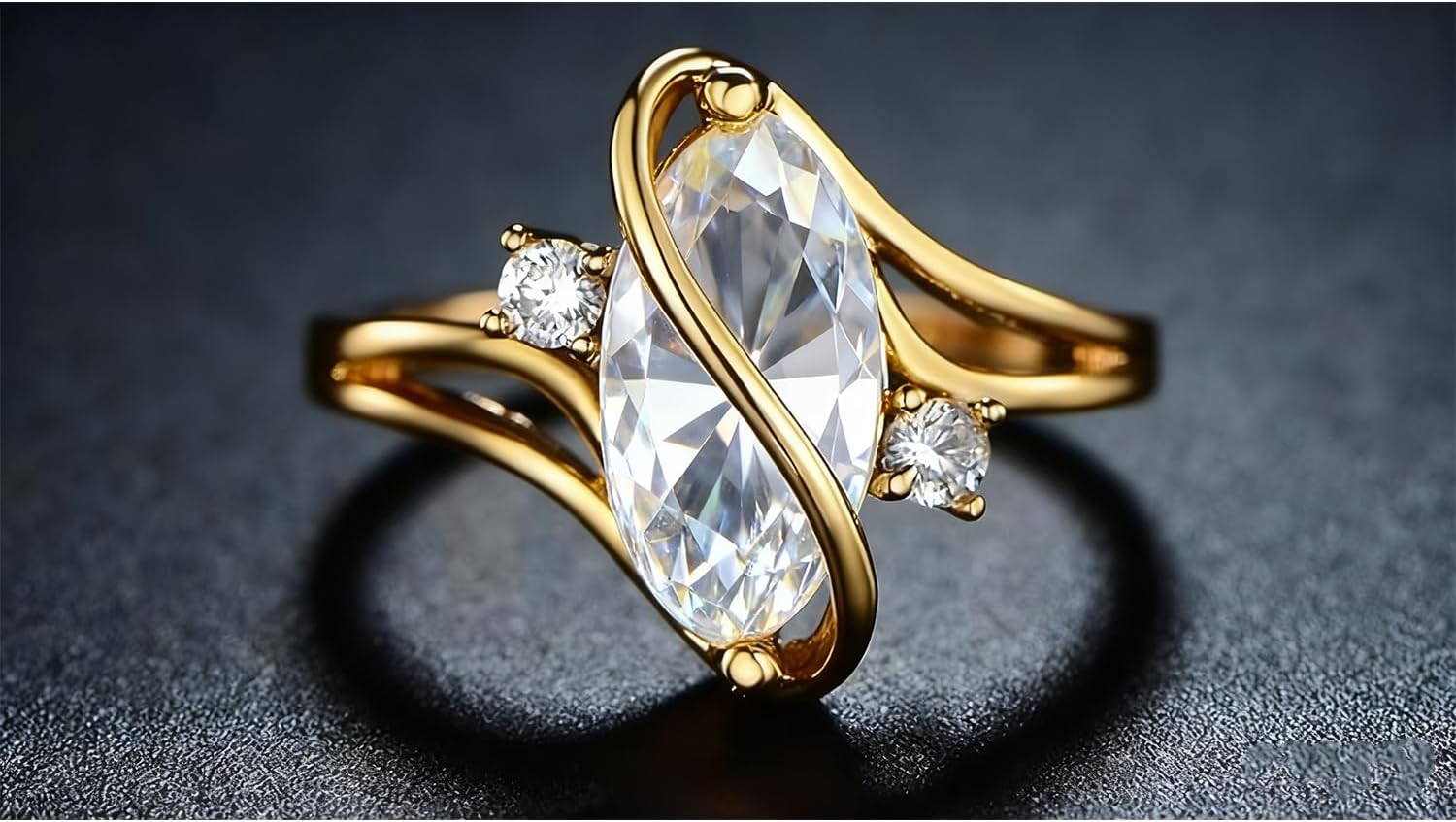 14K Gold Mossanite Ring For Women, Solitaire Marquise Cut Engagement Ring, Sterling S925 Silver Promise Ring For Her, Wave Wedding Ring Valentines day Gift