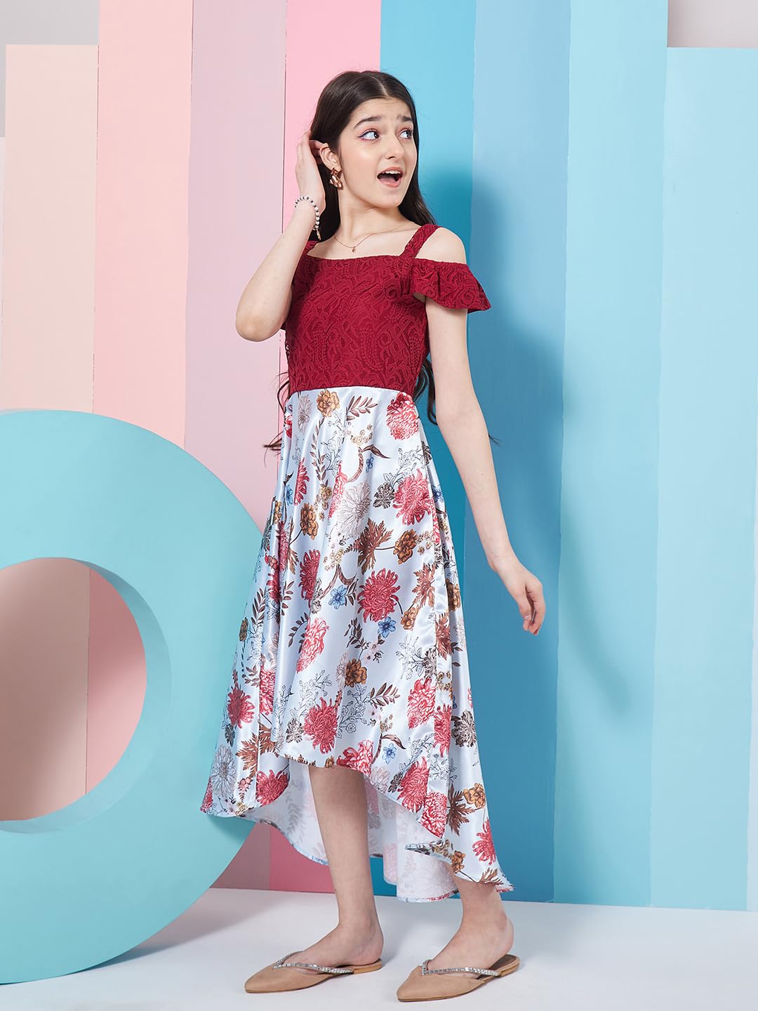 Pspeaches Mädchenkleid mit Blumenmuster, schulterfrei, Satin, ausgestellt, violett, mühelos stilvoll und elegant