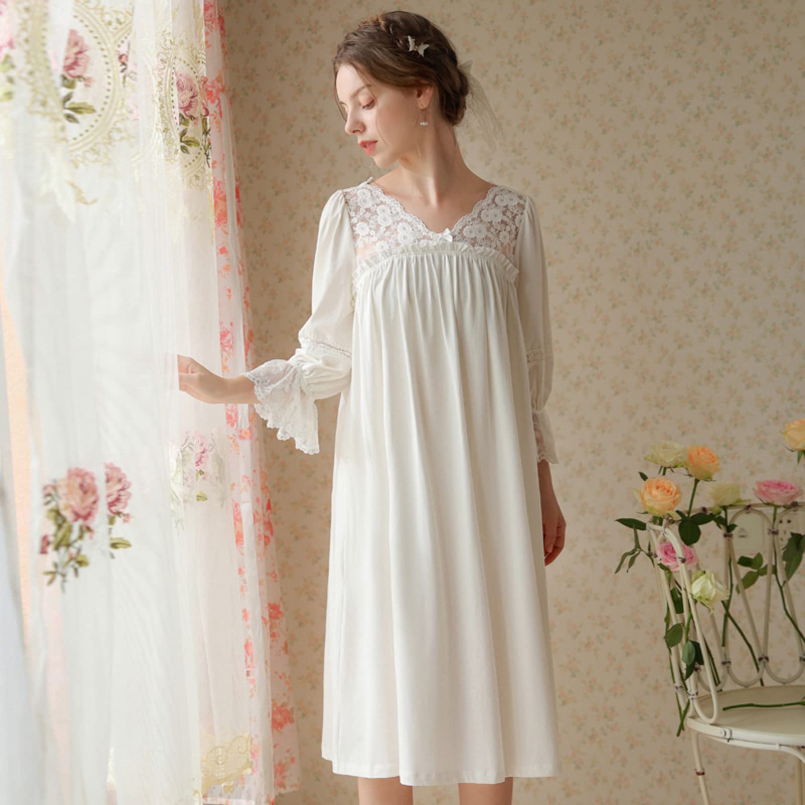 OFFSUM Camicia da Notte Donna - Primavera Casual Tinta Unita Camicia da Notte Scollo A V Pizzo Cotone Ricamo Pigiameria Elegante Autunno Principessa Pigiameria Abbigliamento