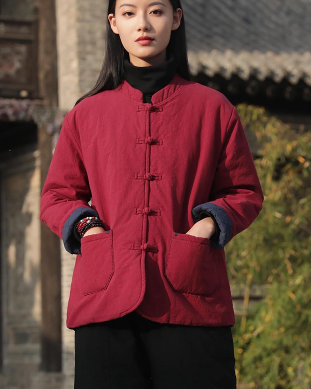 LUZU JUNU Women's Quilted Lightweight Jacket Coat Chinese Tang Suit Style Cotton Linen Short Coats with Pockets