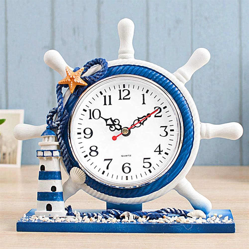 RTGGSEL Mediterranean Style Nautical Silent Desk Clock Lighthouse Helm Wooden Clocks Ship Wheel Rudder Shelf Clocks Beach Theme Clock Decor Ornament (7.87"x2.76"x7.87"-Helm Lighthouse)
