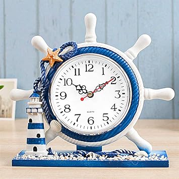 Mediterranean Style Nautical Silent Desk Clock Lighthouse Helm Wooden Clocks Ship Wheel Rudder Shelf Clocks Beach Theme Clock Decor Ornament 7.87"x2.76"x7.87"-Helm Lighthouse