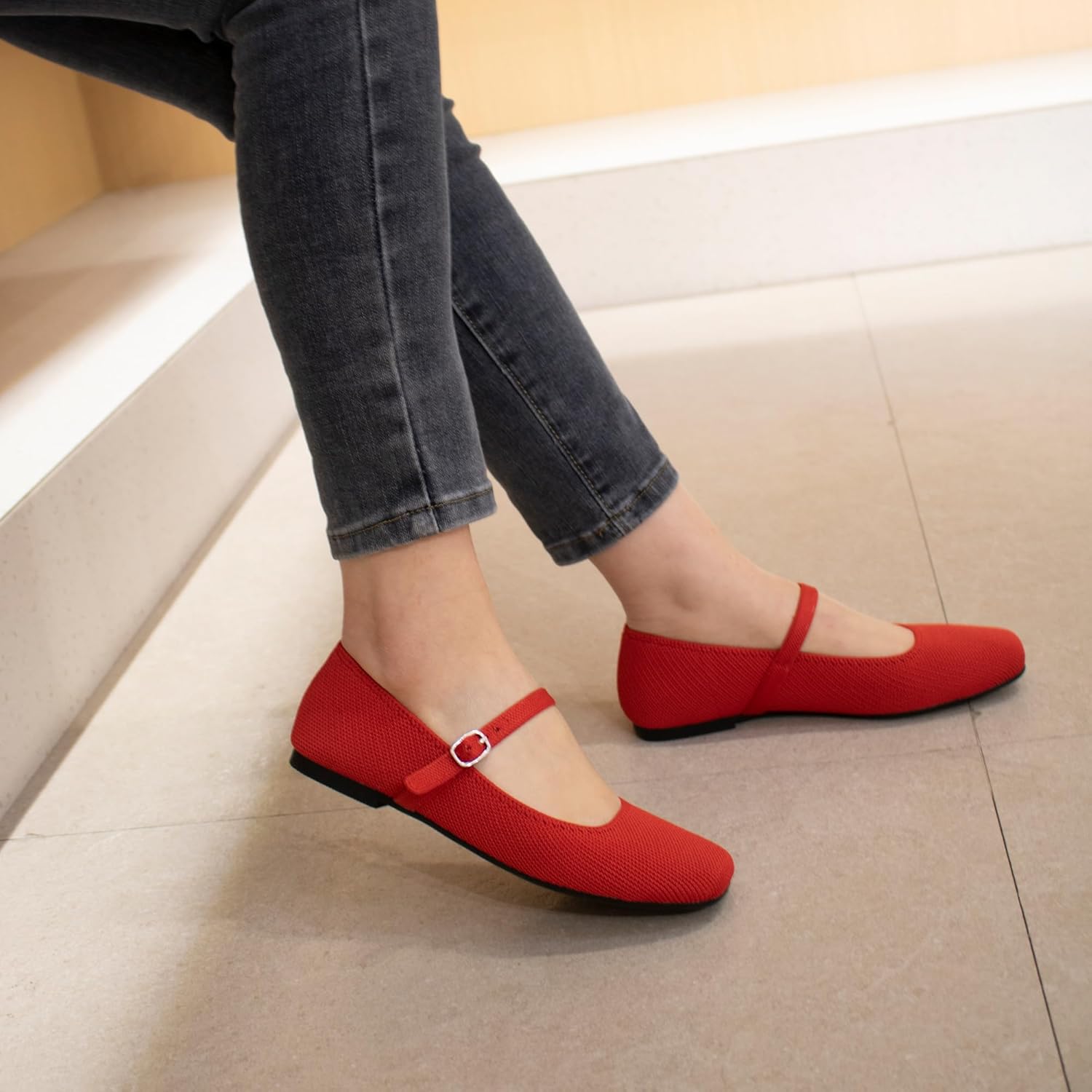Knit Flats for Women Square Toe Flats Casual Ballet Flats with Ankle Strap,Mary Jane Shoes Women Comfortable for Dressy Office - Image 3