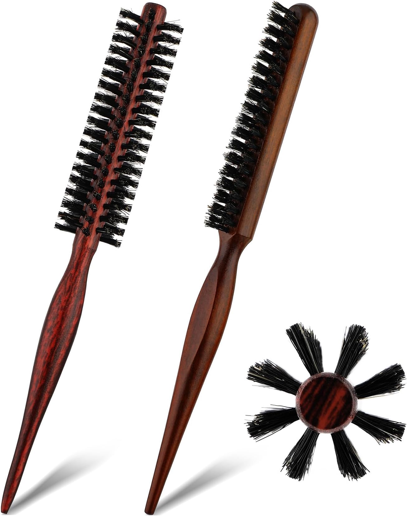 2-Pack Small Round Wood Hair Brush Set with Nylon brush for Blow Drying, Curly Hair Styling, and Beard Care - Mini Roller & Quiff Combs for Salon & Home Use, 2 Unique Styles