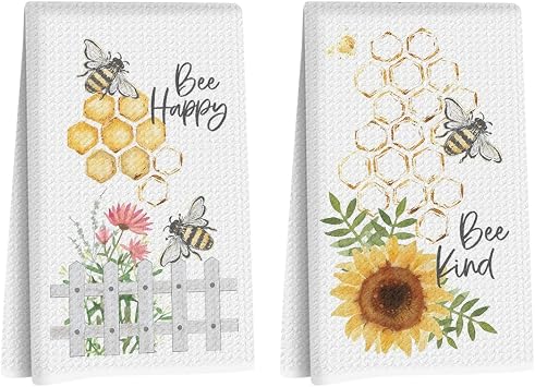 2 Pcs Funny Honey Bee Decor Kitchen Towels, Sunflower Towels Dish Cloths for Washing Dishes, Tea Towel, Absorbent Soft Microfiber Towel for Farmhouse Home, Bee Gifts for Women Mom 1