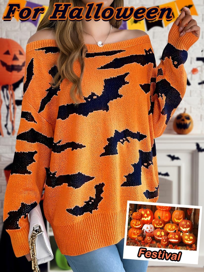 Women Halloween Sweater Bat Off Shoulder - Knitted Loose Sweaters, Long Sleeve Loose Trendy Top, Fall Winter Casual Outfit - Image 4