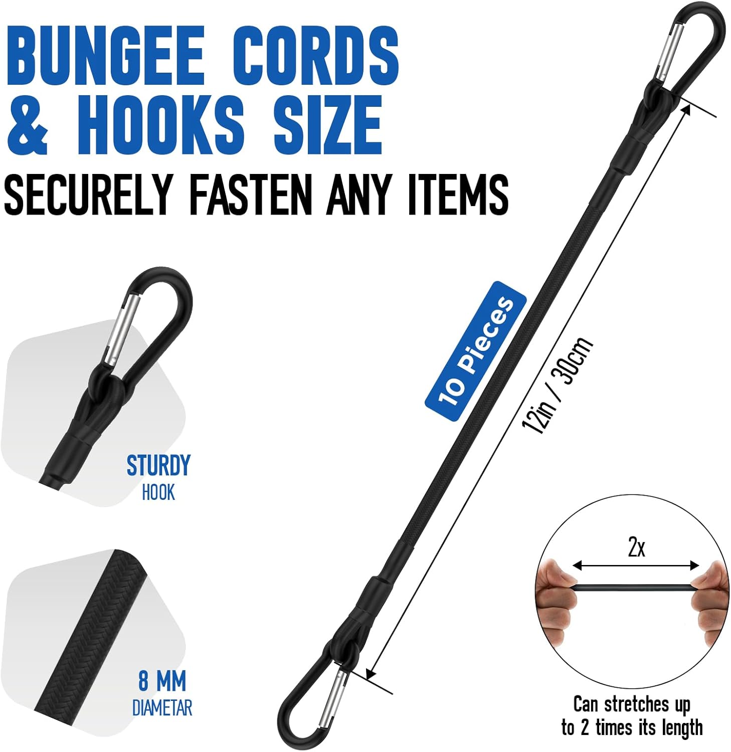 12 Inch Mini Bungee Cords with Carabiner Hooks, Black Short Bungee Rope with Clips, Heavy Duty Elastic Tie Downs Straps for Camping Tarps Bike Rack Tent Luggage Rack Cargo RV (10 Pack)